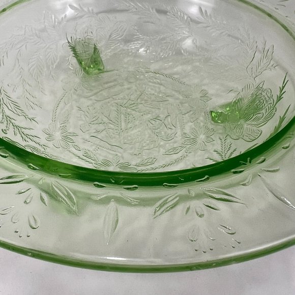 Vtg US Glass Rose Thorn Green Depression Vaseline Uranium Bowl 3 Toe Footed 30s - Picture 14 of 16